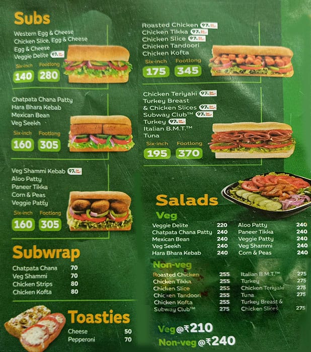 Subway Veg Menu With Prices